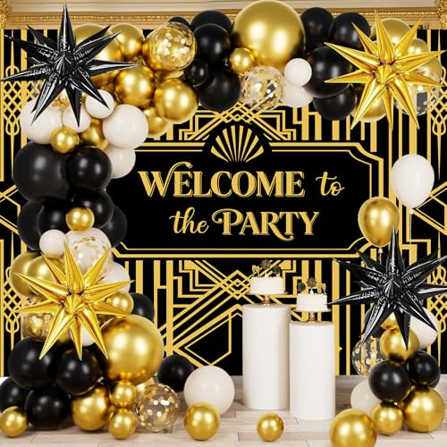 20er Jahre Party Deko Set Schwarz Gold, Gatsby Deko mit Ballon Girlande | Roaring 20s Mottoparty Set mit Retro Jazz Backdrop, Ballon Arch & Cupcake Toppern – Ideal für Gatsby Geburtstag & Silvester