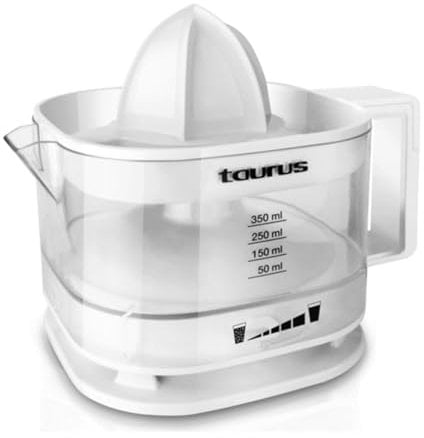 Taurus - Exprimidor eléctrico TC-350 | 25W | Filtro de pulpa regulable | Depósito de 350 ml | Doble sentido de rotación | Desmontable | Diseño compacto | Jarra y cono aptos para lavavajillas | Blanco