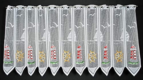 frankgardinen Scheibengardine Leuchtturm 60 cm hoch Rot Grün Gelb - Wunschbreite frei wählbar durch gekaufte Menge in 28,5 cm Schritten - Meterware