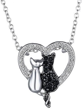 Feilok Classic Animal Shape Black and White Cats on Love Heart Pendant Necklace for Cats Lover Children
