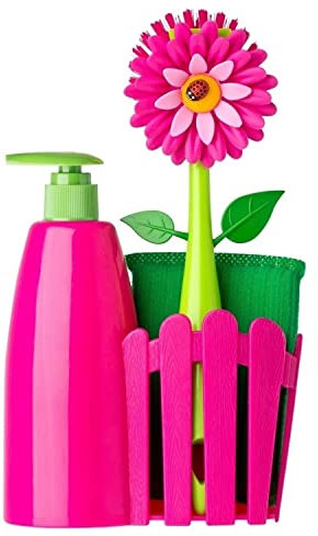 Vigar - Set Evier - Pack Support, Brosse Lave-Vaisselle, Eponge - 7 x 14 x 26,5 cm - Flower Power - avec Distributeur - Plateau 3 Pièces - Magenta