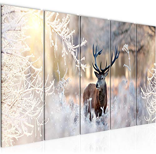 Runa Art Peinture Hiver Cerf Impression sur Toile intissee Decoration Murale Salon Chambre 004156a