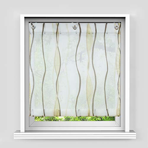 HongYa Raffrollo mit Wellen Druck Transparenter Voile Raffgardine Vorhang mit HakenösenH/B 140/120 cm Creme Braun