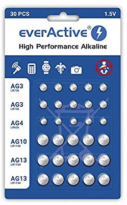 everActive Lot de 10 Piles AG3, 5 x AG4, 5 x AG 10, 10 x AG13 1,5 V, 30 x Piles, Piles Bouton alcaline, Mini, durée de Vie de 3 Ans, 30 pièces – 1 Carte Blister