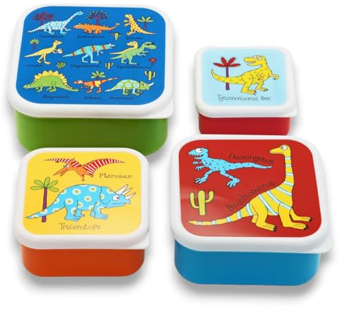 Tyrrell Katz Kids Snack Boxes with Dinosaur Print - Children's 4 Piece Set - Freezer Safe Square Food Storage Containers
