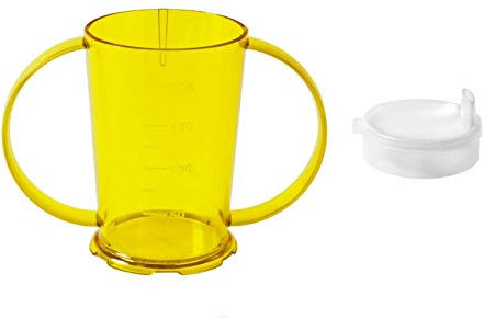 NuHorizons Healthcare Products Two Handled Graduated Beaker with Lid - Pack of 1-200ml Adult Feeder Cup - Drinking Aid (Colour Yellow, Narrow Spouted Lid)