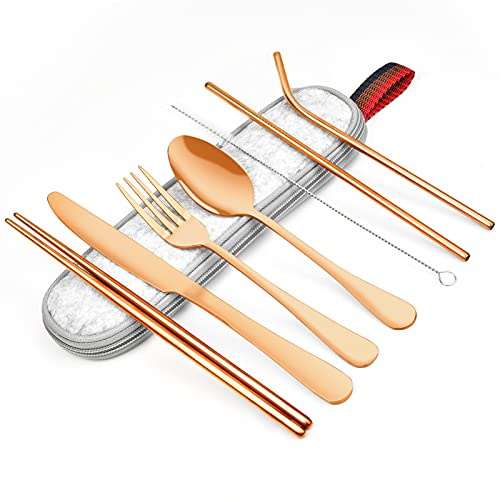 EKKONG Besteck für unterwegs.Outdoor Reisebesteck und Campingbesteck,aus Edelstahl mit Filztasche, 8-teilige Besteckset mit Löffel,Messer,Gabel,Essstäbchen,2 Strohhalm,Reinigungsbürste (Roségold)