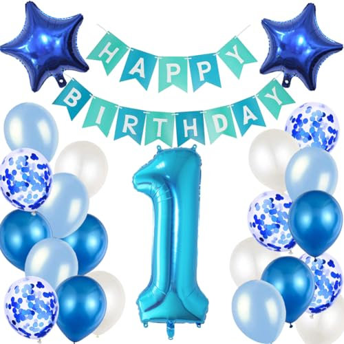 Geburtstagsdeko 1. Geburtstag Blau Happy Birthday Girlande und Luftballons Blau Konfetti Luftballons für Geburtstag Partydeko Deko 1 Junge