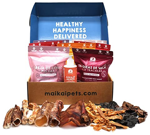 MAIKAI® Hundeleckerli - Mix-Pack 100% Naturlich - Hundefutter Box: 7 Hundesnacks getreidefrei + Lachsöl Hunde (250ml) - Kauknochen Hund - Schweineohren - Rinderkopfhaut - Rinderlunge - Hunde