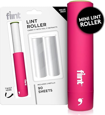Flint Classic Pink Retractable Mini Lint Roller with 90 Extra Sticky Sheets, Small and Portable Lint Roller, Ideal Pet Hair Remover, Travel Lint Rollers for pet Hair Extra Sticky