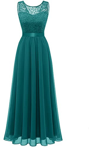 Berylove Robe Cocktail Mariage Longue Femme Vert Roi Mousseline sans Manche Col V à Dos Elégante pour Soirée BLP7025 Peacock Green L