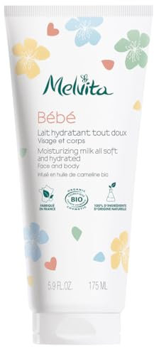 Melvita, Sanfte Bio-Feuchtigkeitsmilch für Babys, leichte und natürliche Formel, zieht schnell ein, spendet langanhaltende Feuchtigkeit, ideal für empfindliche Haut – 200 ml, Babypflegeserie