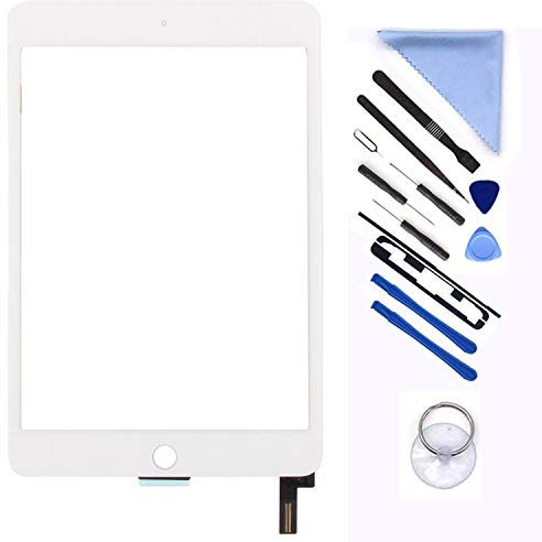 Écran tactile de rechange en verre pour iPad Mini 4 7,9 A1538 A1550 avec adhésif préinstallé et kit d'outils de réparation (sans bouton Home, sans LCD) (blanc)
