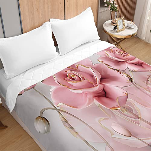 Odot Quilted Bedspread Throw Soft Microfiber Lightweight Coverlet Quilt, Rose Print Quilted Coverlets Comforter Sofa Bed Cover Bedding for Double King (230x280cm,Gold pink rose)