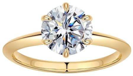SMILEST 2ct Round Moissanite Engagement Ring for Women, Brilliant D Color VVS1 Clarity Classic Lab Created Diamond Solitaire Ring 18K White Yellow Rose Gold Vermeil 6 Claw Knife Edge Moissanite Rings