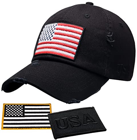Antourage Amerikanische Flagge Unisex Baseballmütze für Damen und Herren | USA Flagge Mesh Snapback Flat Visor Cap + 2 patriotische Patches, Schwarze Flagge, Einheitsgr��e