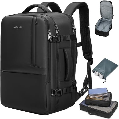 MOLNIA 50L Großer Reiserucksack erweiterbarer Herren Damen Handgepäck Flugzeug Rucksack, 17.3 Zoll Laptop Rucksack spritzwassergeschütztes Carry on Kabinenrucksack für Weekender