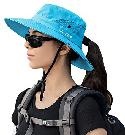 PFFY Sonnenhut für Herren und Damen, 7,6 cm breite Krempe, LSF 50+, Fischer- und Strandhüte, Pure Skyblue (Pferdeschwanz), Einheitsgr��e