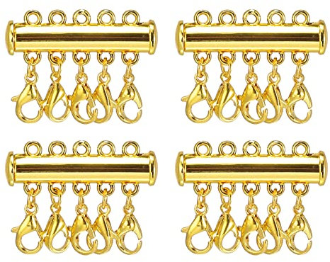 sourcing map Layering Necklace Clasps, 4Pcs Necklace Connector 5 Strands Slide Tube Lock Clasps for Layered Bracelet Necklace Jewelry Making, Gold