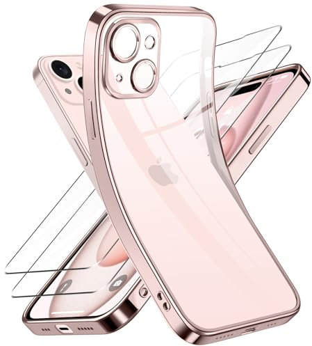 Qasyfanc Coque Protection Caméra Compatible avec Coque iPhone 15 Plus et 2 Pièces Verre Trempé, Étui iPhone 15 Plus Souple Silicone Anti-Jaune Ultra Mince Housse pour Fille, Or Rose