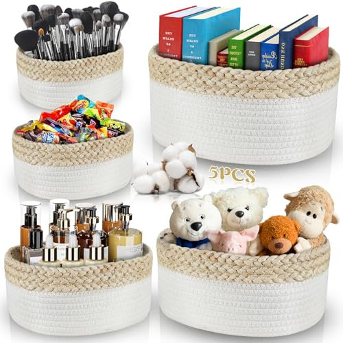 ENCOUN 5PCS Paniers de Rangement en Corde Tissée, Panier Rangement Empilable, Corbeille Rangement Panier, Panier Rangement Salle de Bain, Paniers et Boîtes de Rangement pour Salon Chambre à Coucher