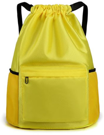 YYKSYDPT Turnbeutel, Wasserdichter Unisex-Rucksack, Oxford-Rucksack mit Reißverschlusstasche, Nylongurte Turnbeutel mit Netztasche, Sportbeutel für Sport, Reisen, Schwimmen (Gelb, L)