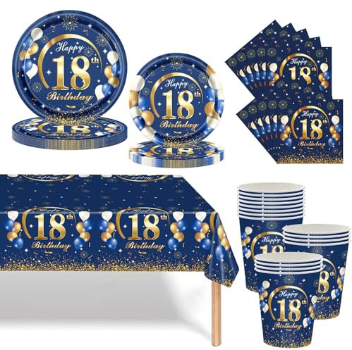 69 P 18th Birthday Tableware Set, Navy Blue and Gold Paper Cups, Plates (7in+9in) and Table Cloth, Dinnerware Decoration for Him/Her 18th Birthday Party