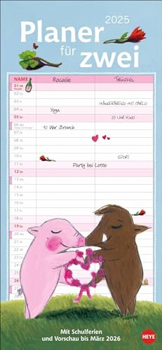 Rosalie & Trüffel Planer für 2 - Kalender 2025 - Heye-Verlag - Planer - Mit 2 Spalten und niedlichen Illustrationen - 16 cm x 34,7 cm