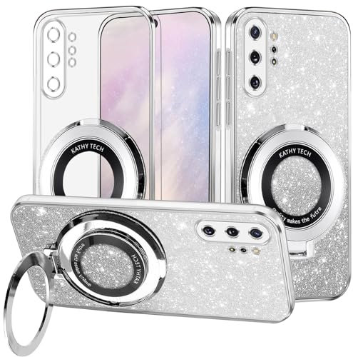 Yarxiawin Custodia Per Samsung Galaxy Note 10 Plus con Anello Supporto Magnetico Rosa, Glitter Case per Samsung Note 10 Plus Cover Trasparente Silicone Brillante Sottile Antiurto Morbido (Argento)