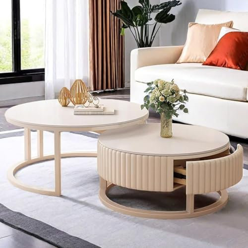 HRXQ Couchtisch 2er Set Rund Wohnzimmertisch Beistelltisch WeiB Sofatisch Mit Stauraum, 50cm+70cm Runder Couchtisch Für Schlafzimmer Wohnzimmer