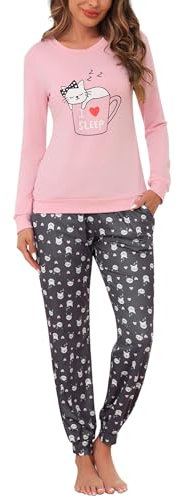 Bresdk Schlafanzug Damen Lang Baumwolle Pyjama Set Süß Winter Nachtwäsche Rosa Tasse Muster L