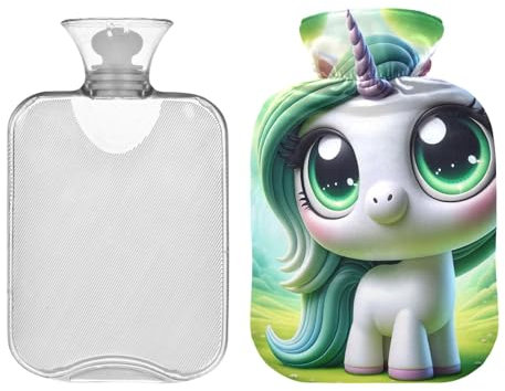Green Hair - Bouillotte licorne mignonne avec housse - 2 litres - Pour soulager la douleur - En PVC - Pour les mains et les pieds - Thérapie par la chaleur