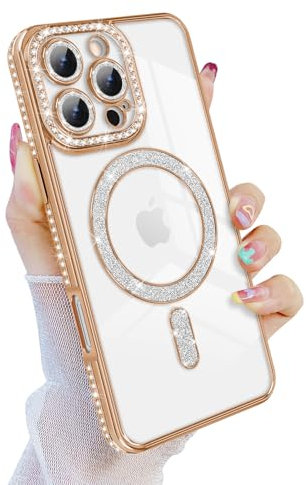 Newseego Magnetic Sparkly Glitter Phone Case for iPhone 16 Pro Max [Compatible with Magsafe], Camera Lens Shockproof Protector Bling Diamonds Soft TPU Cover Girls Women for iPhone 16 Pro Max-Gold