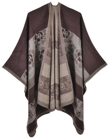 Damen-Schal mit Karomuster, offener Vorderseite, Poncho, Umhang, warm, übergroße Pullover, lässiger Cardigan, Schal für Herbst und Winter, formell für Damen, 1920, Kleider für Damen, braun, One size