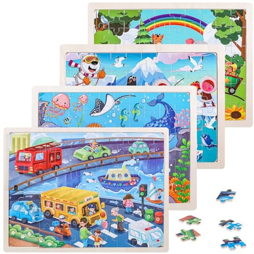 SIWOKJJO Puzzle ab 4 5 6 7 8 Jahre, 4x60 PCS Kinder Holzpuzzle, Holzpuzzles Montessori für Jungen Mädchen, Verschiedene Themen Kinderpuzzle Geschenke für Kinder