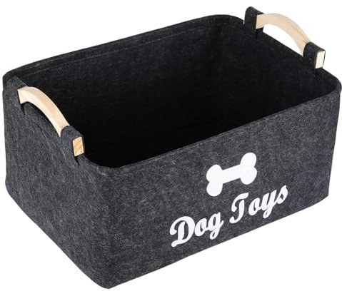 Onperpoe Dog Toy Basket with Wooden Handle, Collapsible Dog Toy Box Storage, Puppy Toy Storage Box, Dog Toy Box, Pet Supplies Storage Basket, Dog Toy Storage Trunk, Felt Toy Box for Dogs