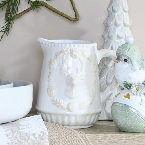 New White Festive Rustic Stag Design Gravy Jug Elegant Jug Perfect Companion for Any Christmas Dinner Party Or Any Kitchen Decor - N02