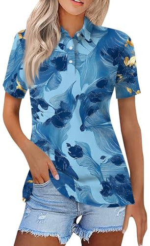 DIYIOUZHOU Ladies Golf Tops Size 18 Polo Shirts for Women UK Casual Golf Button Short Sleeve Floral Print Lapel Top Cozy 03-Blue L