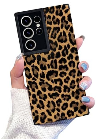Reownest for Samsung Galaxy S24 Ultra Case Cute Brown Leopard Pattern Aesthetic Phone Case for Women Girls Soft Leather Silicone Protective Case for Samsung S24 Ultra -Black