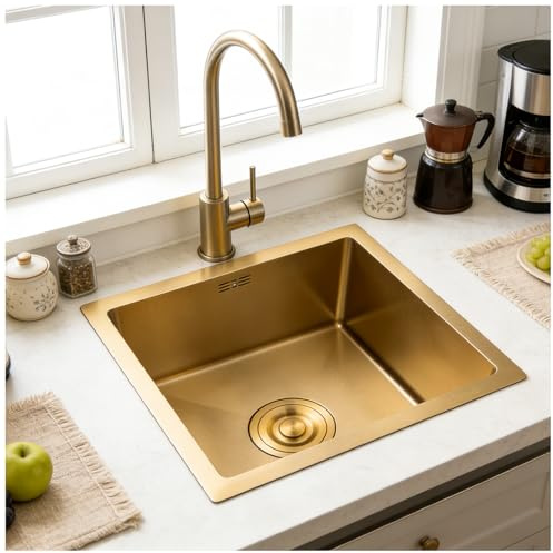 HZKSINNK 45x45cm Fregadero Cocina, Oro Cepillado Fregaderos De Un Seno, Acero Inoxidable Barra Fregaderos De Cocina, Fregadero Bajo Encimera O Sobre Encimera Con Filtro De Drenaje