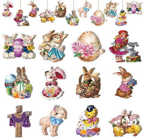 24PCS Easter Wooden Hanging Ornaments – Bunny, Egg & Chick Decorations with Hemp Ropes for Easter Tree & Home Décor