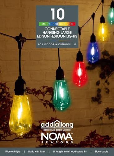 NOMA Connectable Edison Drop Festoon Garden Lights, 6.8 m (Pack of 1) | 10 Multicolour LEDs, Durable Edison Bulbs, Easy Installation, Indoor & Outdoor Use, Creates Festive Ambiance