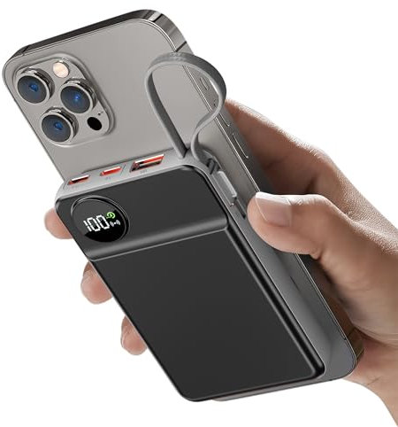Power Bank Magnetico 20000mAh, PD 22.5W USB C Bateria Externa Carga Rapida con Cable Trenzado, 15W Carga inalámbrica, Pantalla LED, Bateria Portatil Inalambrica para iPhone 15/14/13/12 Pro/Pro MAX