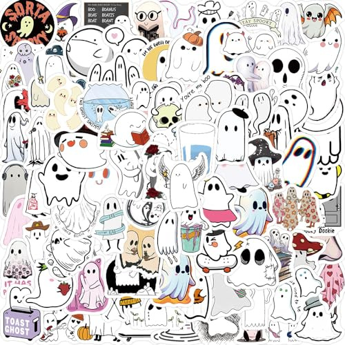 Mini Cute Ghost Stickers 100PCS for Water Bottles Laptop Phone Guitar Skateboard Car Computer Scrapbook Notebooks Journal Luggage Refrigerator,Kawaii Halloween Decals for Children Teens Adults