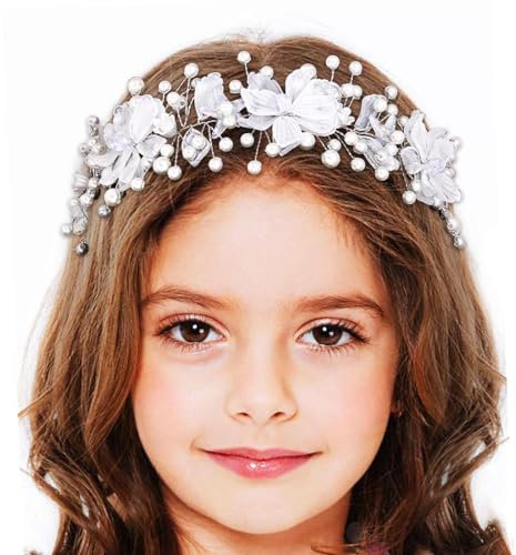 IYOU Blumenmädchen Haarschmuck Weiß Blumen Kommunion Stirnband Perle Braut Hochzeit Haarschmuck für Mädchen