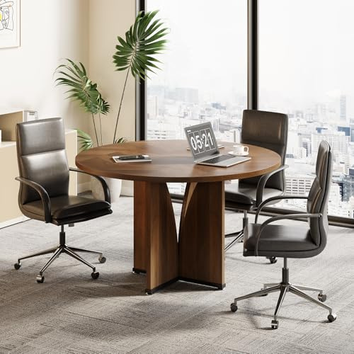 LITTLE TREE Kleiner Konferenztisch (99 cm) für 4 Personen, runder Besprechungstisch mit X-förmigem Fußgestell, für Büro, Konferenzraum, kleine Räume, Dunkelbraun