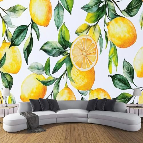 DLERFLOVR Bedroom Mural 250x175cm Lemon Wall Murals, Watercolor Lemon Tree Wallpaper, Silk Cloth Photo Wallpaper for Bedroom Decoration Backdrop Wall Decor
