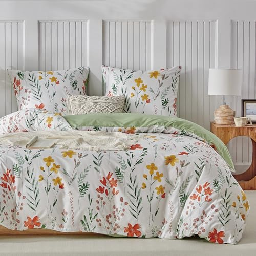 TTCM Housse de Couette 240x260cm, Motif Fleuri Vert | Fermeture Éclair Pratique, 2 Taies Assorties, Microfibre Durable Résistante à la Décoloration