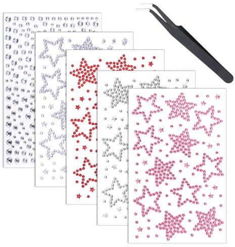 5 Sheets Face Gems, Self Adhesive Gem Stickers with Tweezers Rhinestone Sticker Star Festival Jewels Star Face Stickers Hair Gems for Craft Supplies Eye Makeup Nail Body Women