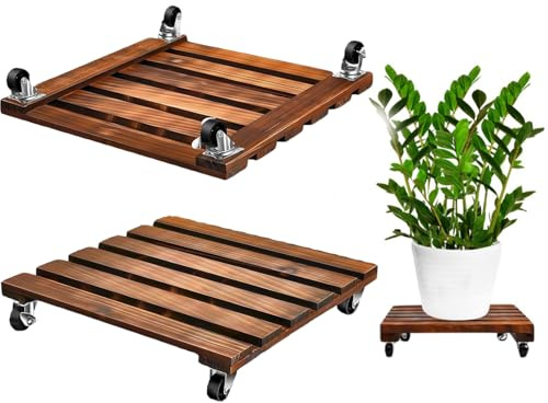 Cnwinu 2 Pack Wooden Plant Stand with Metal Lockable Caster Wheels,30cm Heavy Duty Plant Trolley,360°Rolling Plant Caddy with Wheels for Indoor Outdoor Home Garden(2 Pieces Dark Brown Square)